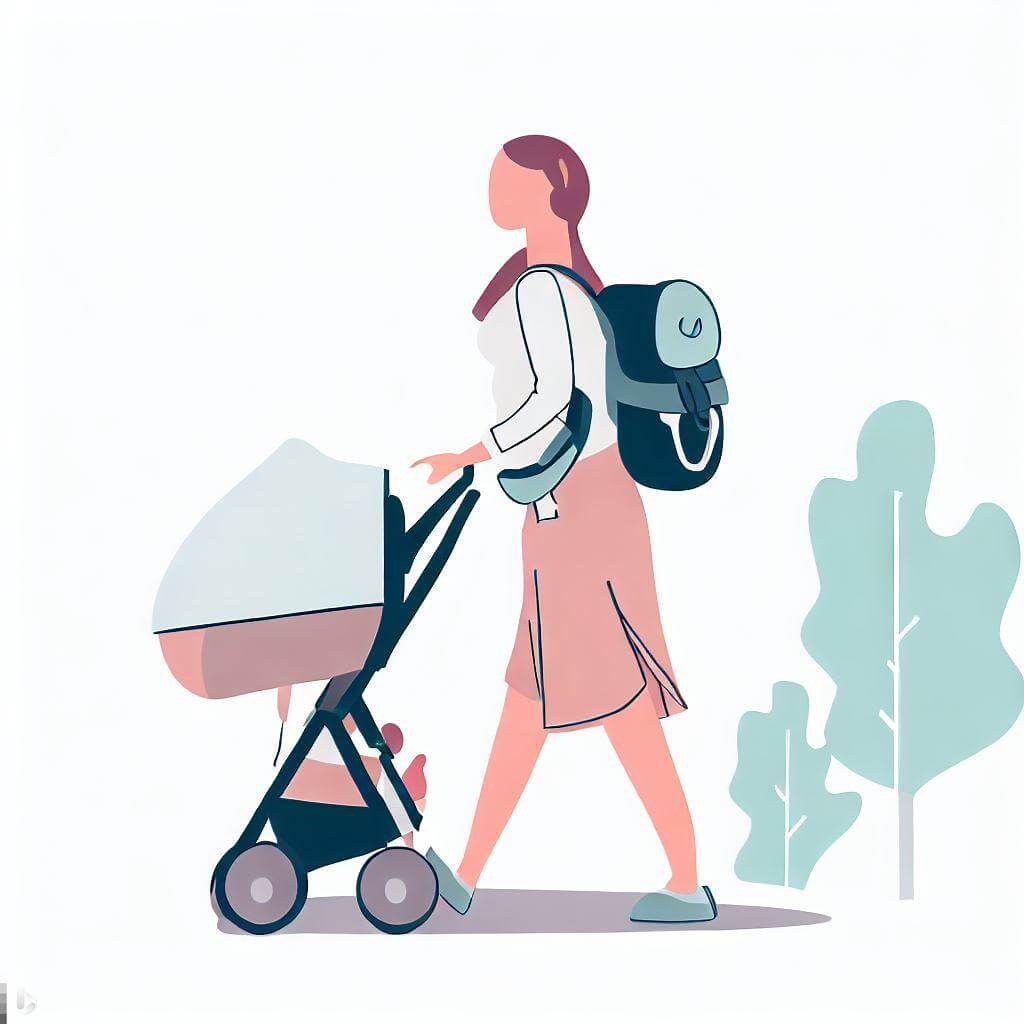 illustration woman pushing a stroller wearing a diaper backpack