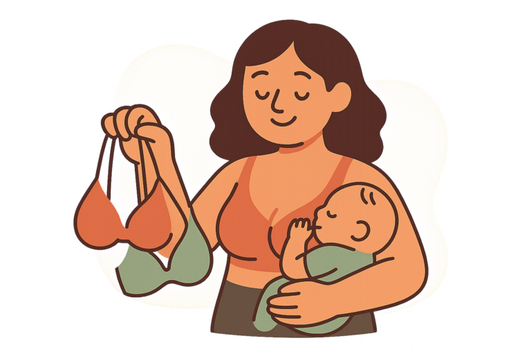 A woman holds up a bra from one of the best bra brands USA with one hand while breastfeeding a baby with the other arm.
