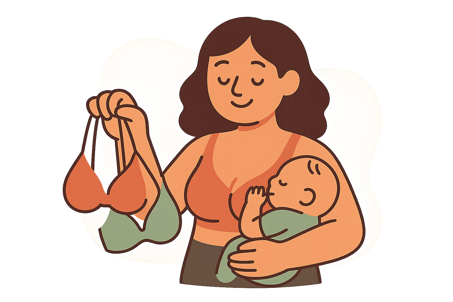 A woman holds up a bra from one of the best bra brands USA with one hand while breastfeeding a baby with the other arm.
