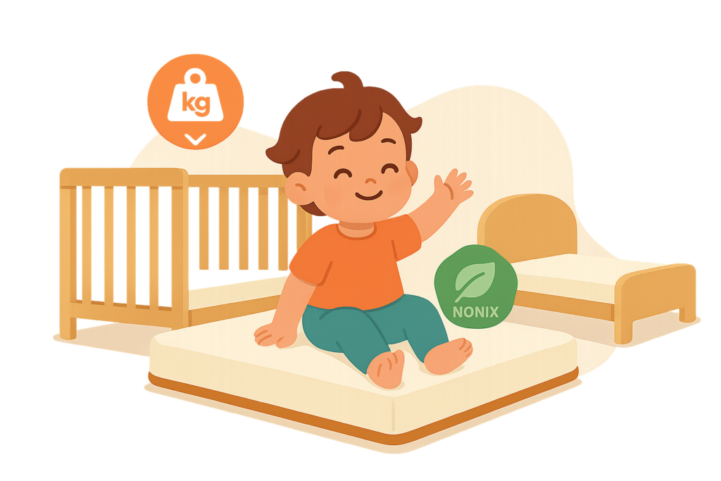 Illustration of a smiling baby sitting on a mattress with a crib and bed in the background, plus icons for weight, crib weight limits, and "NONIX" to highlight non-toxic materials.