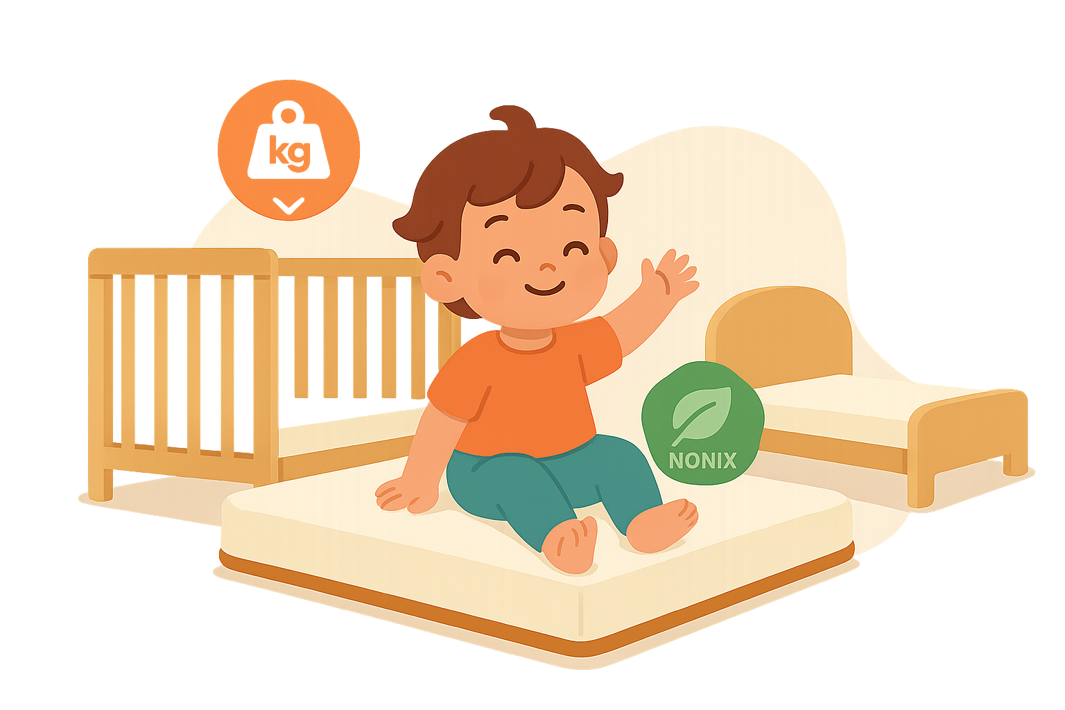 Illustration of a smiling baby sitting on a mattress with a crib and bed in the background, plus icons for weight, crib weight limits, and "NONIX" to highlight non-toxic materials.