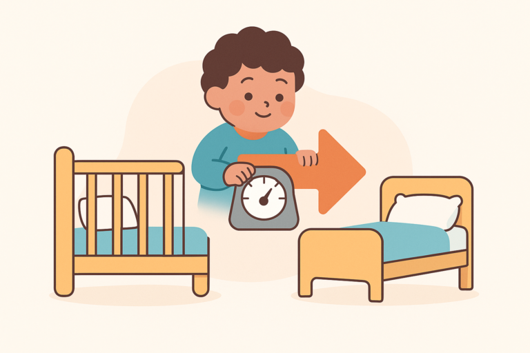 Illustration of a child holding a clock and arrow, pointing from a crib to a bed, suggesting when to switch to toddler bed.