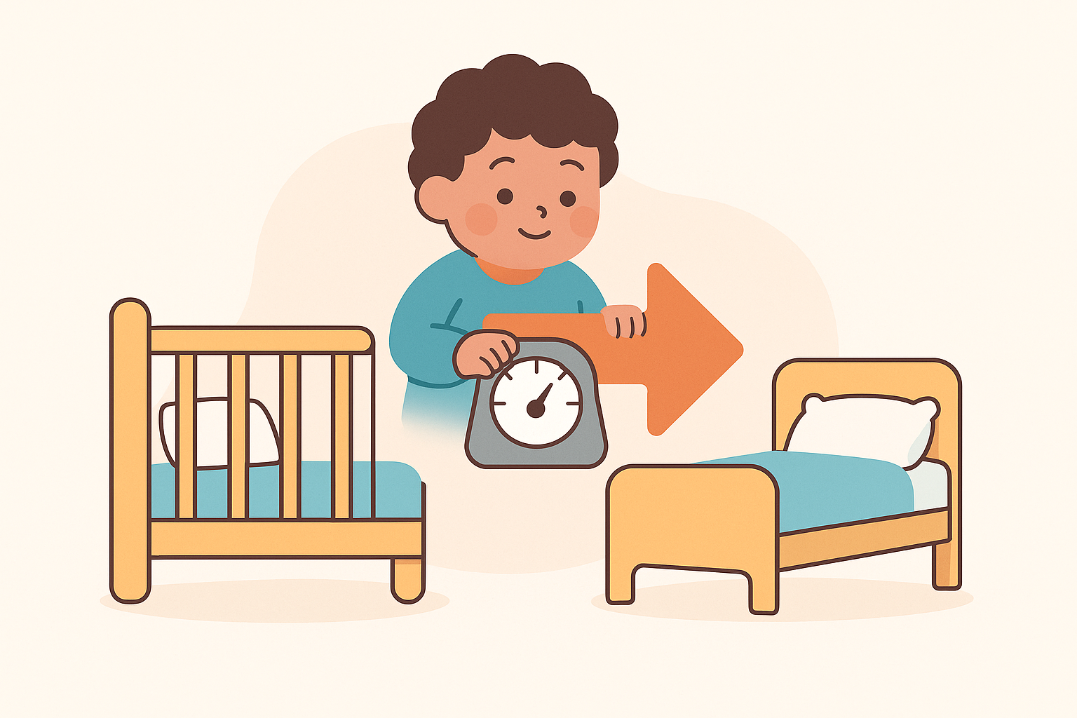 Illustration of a child holding a clock and arrow, pointing from a crib to a bed, suggesting when to switch to toddler bed.