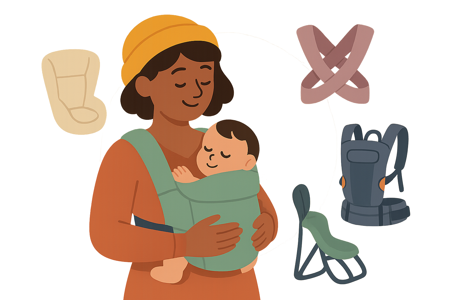 Woman wearing a yellow hat carries a baby in a non toxic baby carrier, surrounded by illustrations of various baby carriers and a car seat.