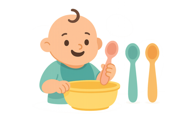 Illustration of a smiling baby holding a pink spoon and a yellow bowl, with two more upright spoons—a teal and a yellow—beside them, showcasing some of the best non toxic baby spoons.