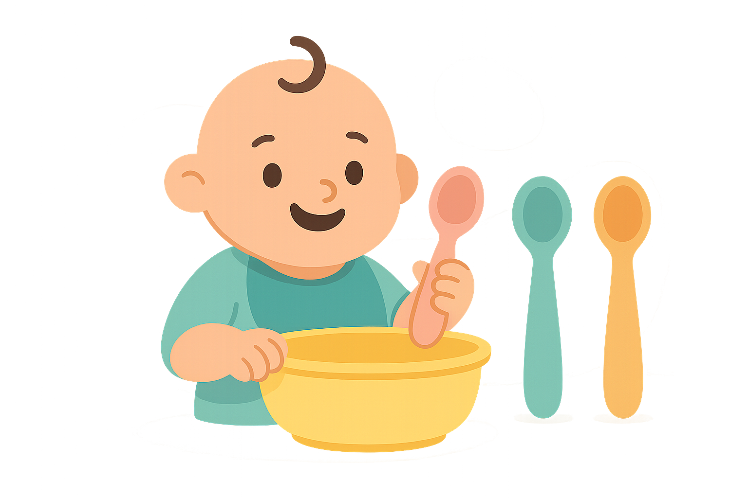 Illustration of a smiling baby holding a pink spoon and a yellow bowl, with two more upright spoons—a teal and a yellow—beside them, showcasing some of the best non toxic baby spoons.