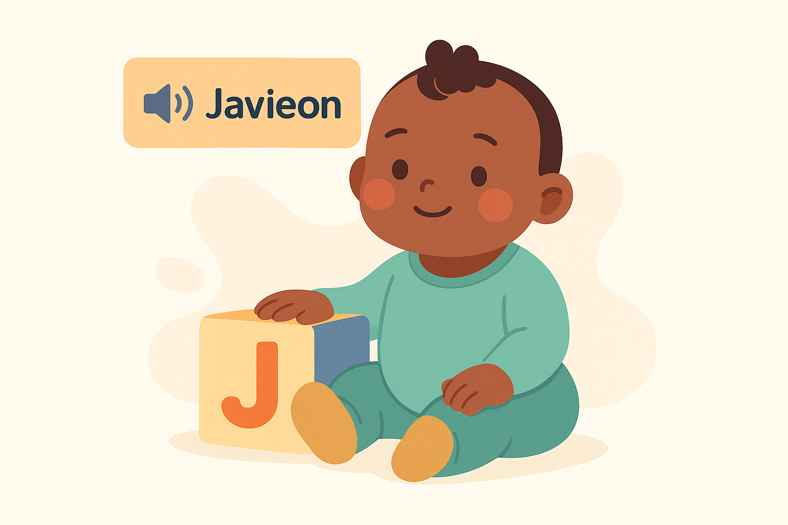 Illustration of a baby sitting on the floor with one hand on a block displaying the letter "J," a label showing "Javieon," and a speaker icon for listening to the Javieon name meaning.