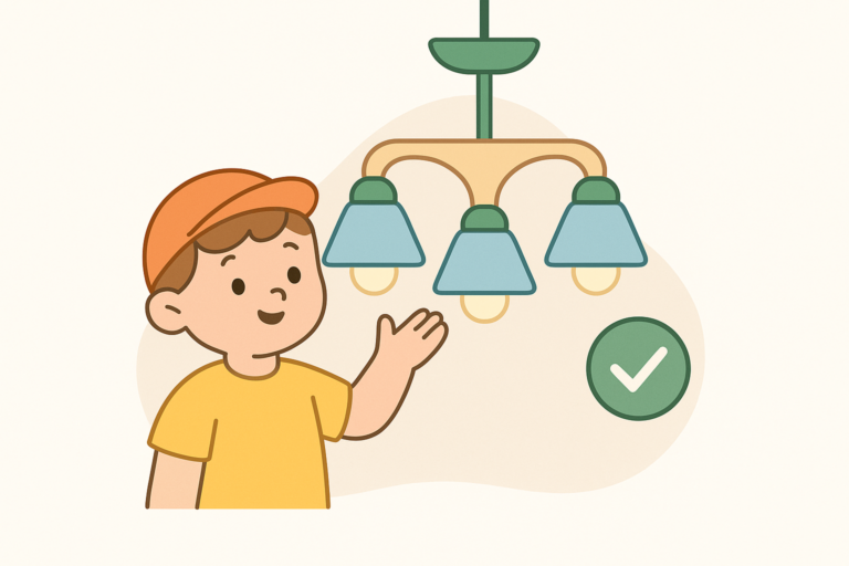 Illustration of a child in an orange cap and yellow shirt pointing at a ceiling light fixture with four bulbs, a green check mark beside them, highlighting safe and kid friendly chandeliers.