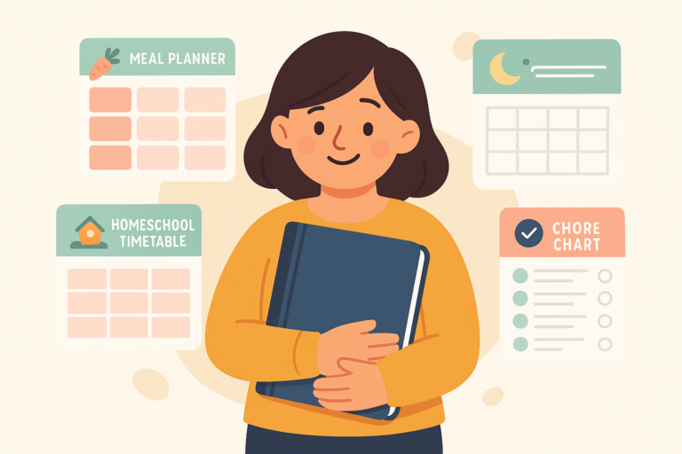 Illustration of a person holding a book, standing in front of charts labeled meal planner, homeschool timetable, schedule, and chore chart—perfect inspiration for organizing life with family planner printables and apps.