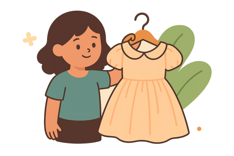 A child stands next to a green plant, smiling and holding up a yellow heirloom silk kids dress on a hanger.