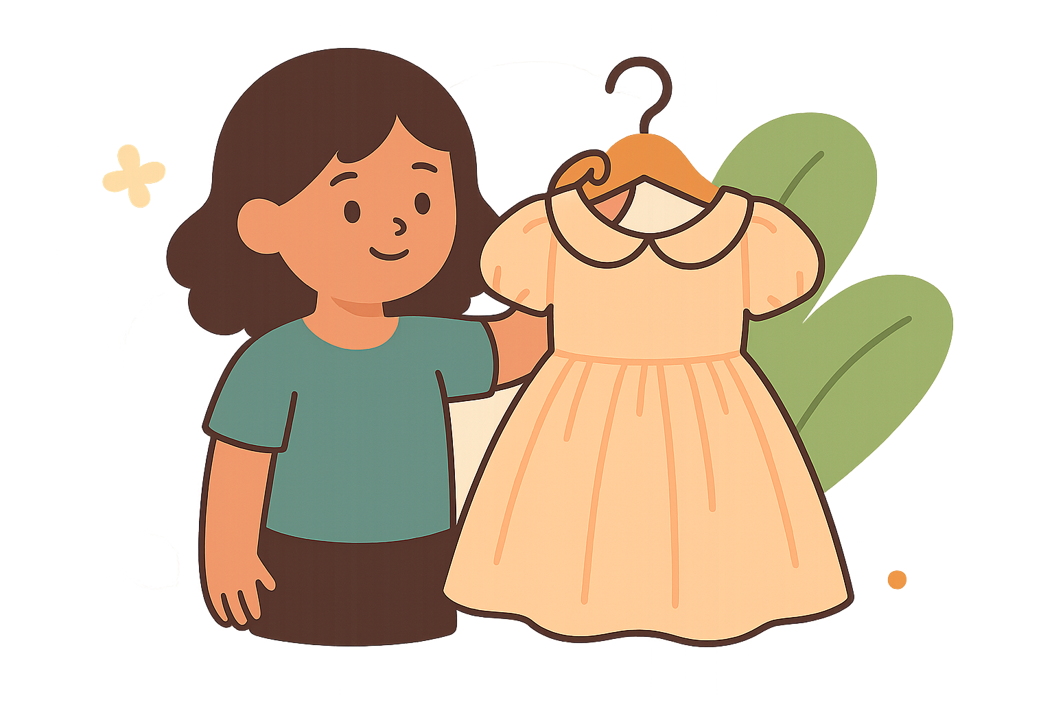 A child stands next to a green plant, smiling and holding up a yellow heirloom silk kids dress on a hanger.