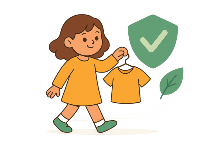 Illustration of a girl holding a yellow shirt on a hanger, with a checkmark shield and leaf symbol in the background, inspired by petiteparade 2012 trends.