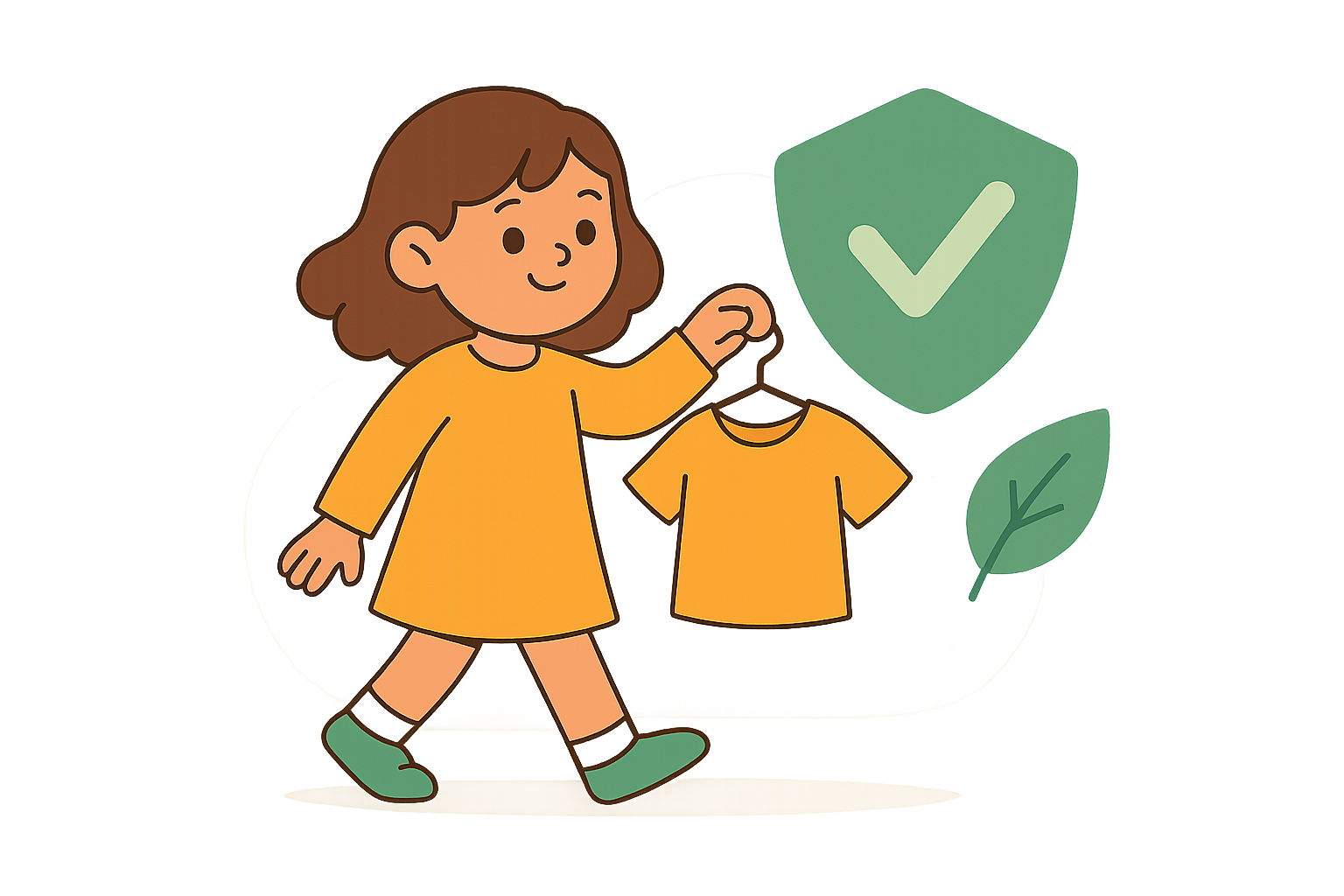Illustration of a girl holding a yellow shirt on a hanger, with a checkmark shield and leaf symbol in the background, inspired by petiteparade 2012 trends.