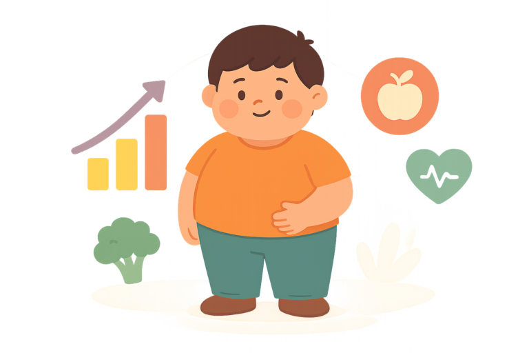 Cartoon of a boy with a hand on his stomach, surrounded by icons of a growth chart, apple, broccoli, and a heart with a pulse line—highlighting concerns seen in childhood obesity statistics 2024.
