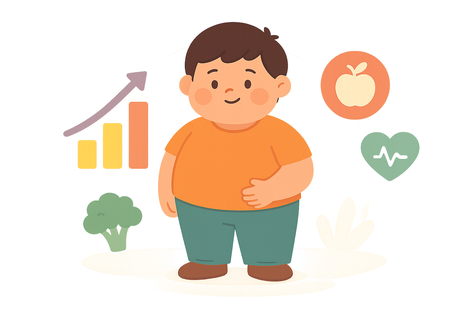Cartoon of a boy with a hand on his stomach, surrounded by icons of a growth chart, apple, broccoli, and a heart with a pulse line—highlighting concerns seen in childhood obesity statistics 2024.