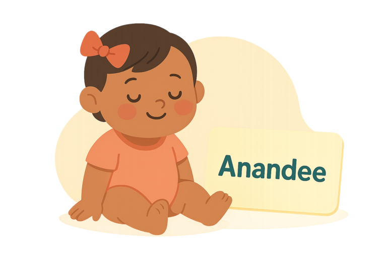 Illustration of a smiling baby girl with a bow in her hair sitting next to a sign that says "Anandee," highlighting the anandee name meaning.