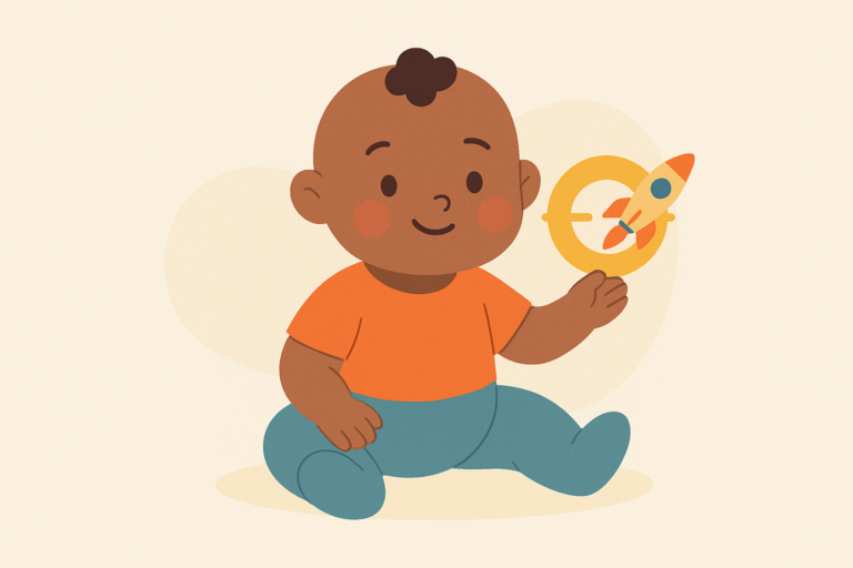 Illustration of a smiling baby sitting on the floor, holding a yellow ring with a rocket ship symbol—perfect for exploring the apollo name meaning and its connection to space adventures.