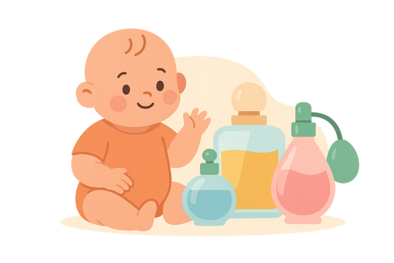 Illustration of a smiling baby in an orange onesie sitting and waving next to three large bottles, possibly representing top 10 baby perfumes or other baby toiletries.