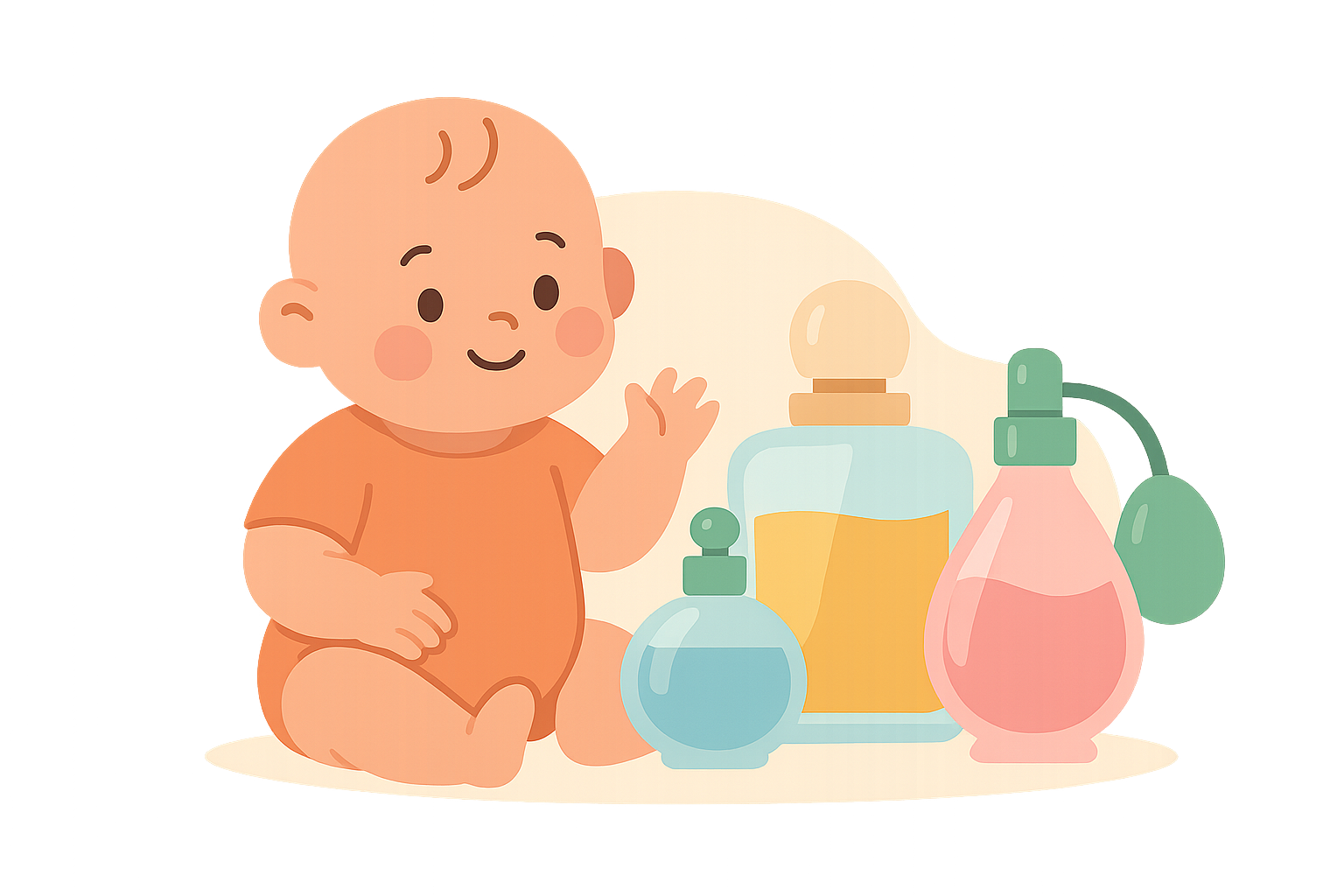 Illustration of a smiling baby in an orange onesie sitting and waving next to three large bottles, possibly representing top 10 baby perfumes or other baby toiletries.