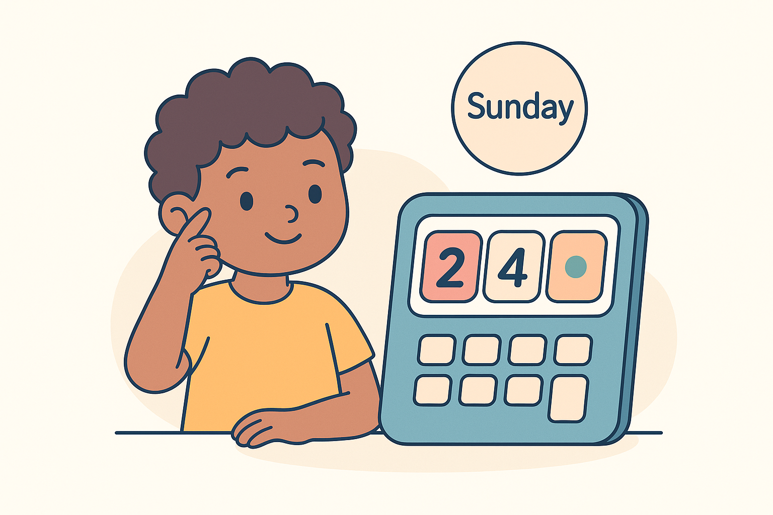 Illustration of a child in a yellow shirt pointing to their head, next to a calendar showing the number 24 and the word "Sunday," thinking, "What day was I born?.