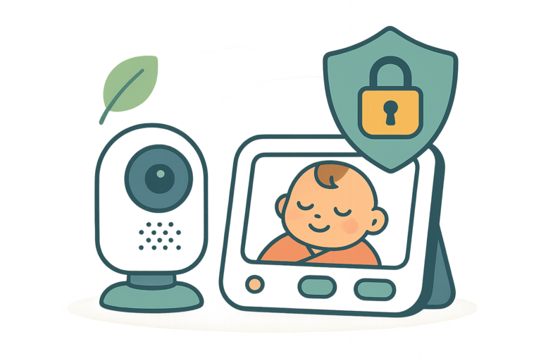 Illustration of one of the best video baby monitors 2026, featuring a camera, a display with a sleeping baby, and a shield with a lock to symbolize top-tier security and privacy.