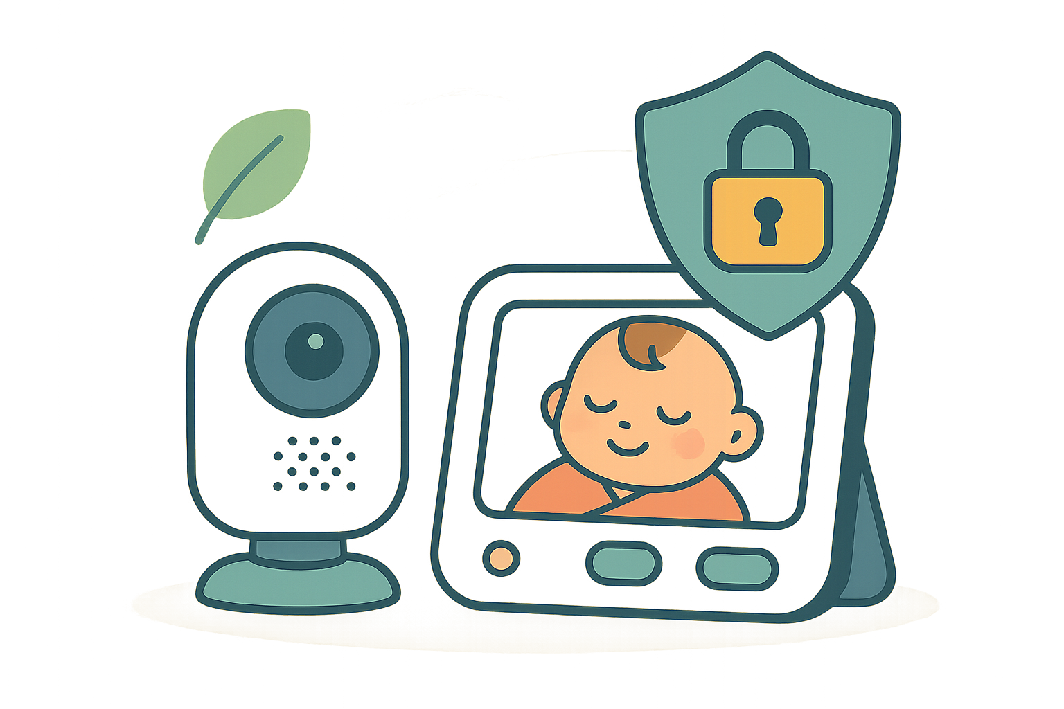 Illustration of one of the best video baby monitors 2026, featuring a camera, a display with a sleeping baby, and a shield with a lock to symbolize top-tier security and privacy.