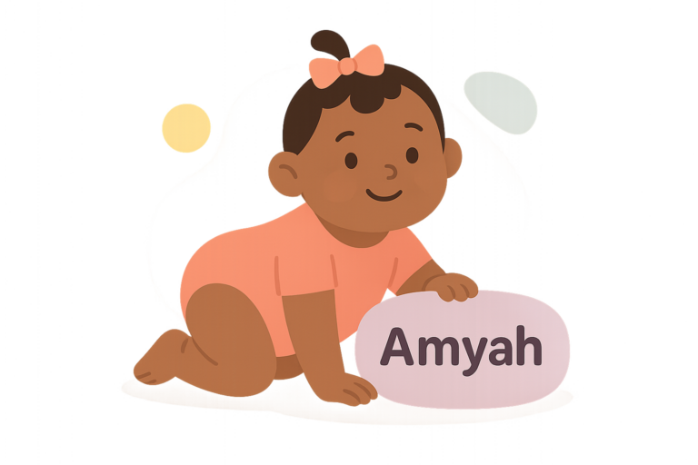 Illustration of a baby in a peach outfit, crawling and holding a sign with the name "Amyah" written on it, perfect for celebrating the beauty of the Amyah name meaning.