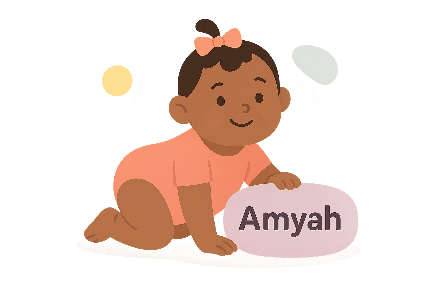 Illustration of a baby in a peach outfit, crawling and holding a sign with the name "Amyah" written on it, perfect for celebrating the beauty of the Amyah name meaning.