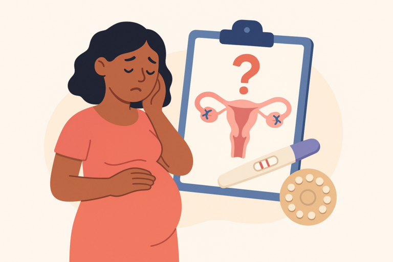 A pregnant woman stands next to a clipboard showing a uterus with a question mark, a positive pregnancy test, and birth control pills—raising questions about pregnancy after tubal ligation.