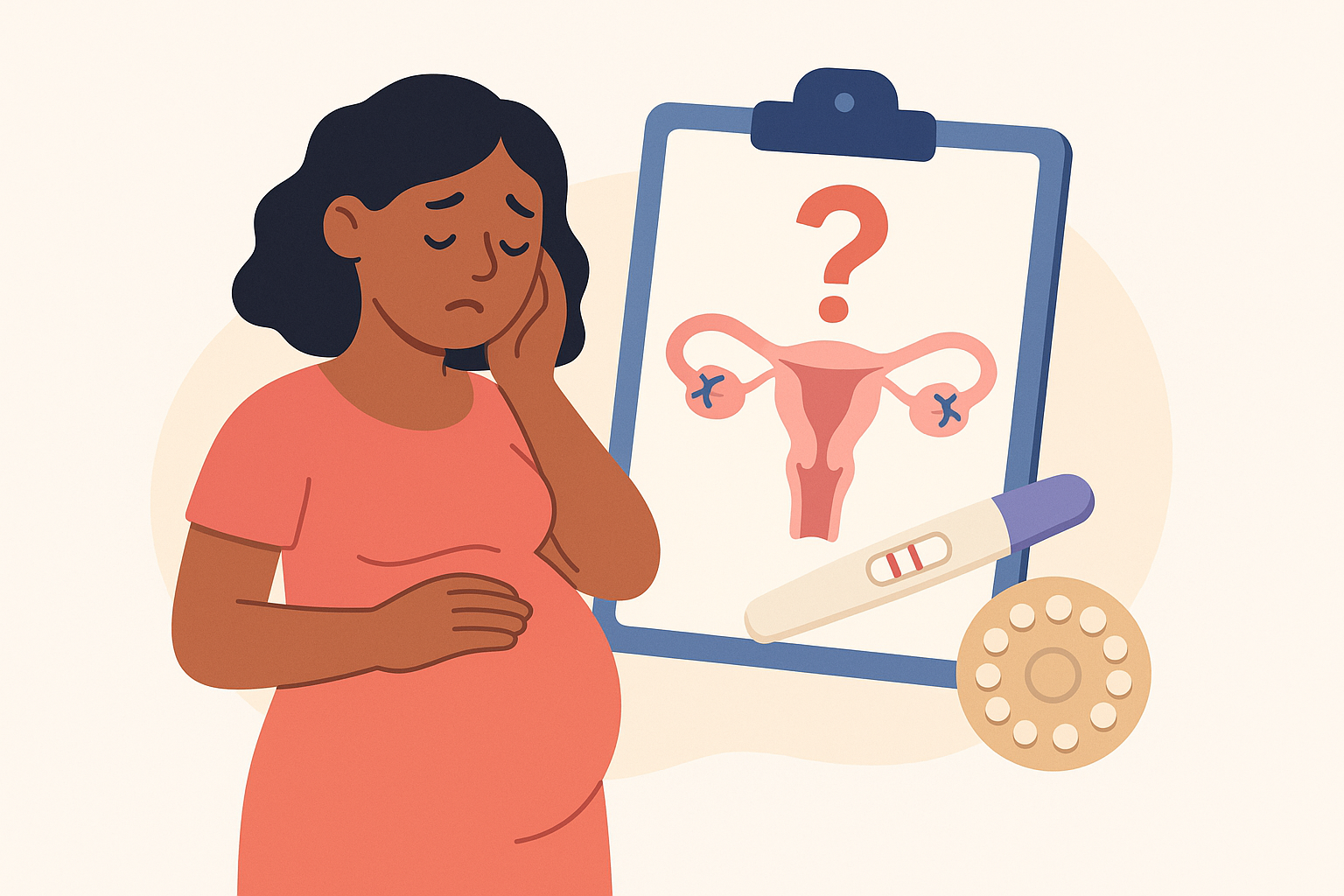 A pregnant woman stands next to a clipboard showing a uterus with a question mark, a positive pregnancy test, and birth control pills—raising questions about pregnancy after tubal ligation.