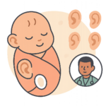 Illustration of a swaddled baby with extra ears and a doctor icon, representing newborn ear deformities and highlighting a medical condition involving extra ears.