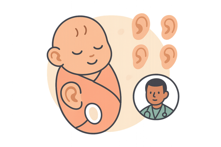 Illustration of a swaddled baby with extra ears and a doctor icon, representing newborn ear deformities and highlighting a medical condition involving extra ears.