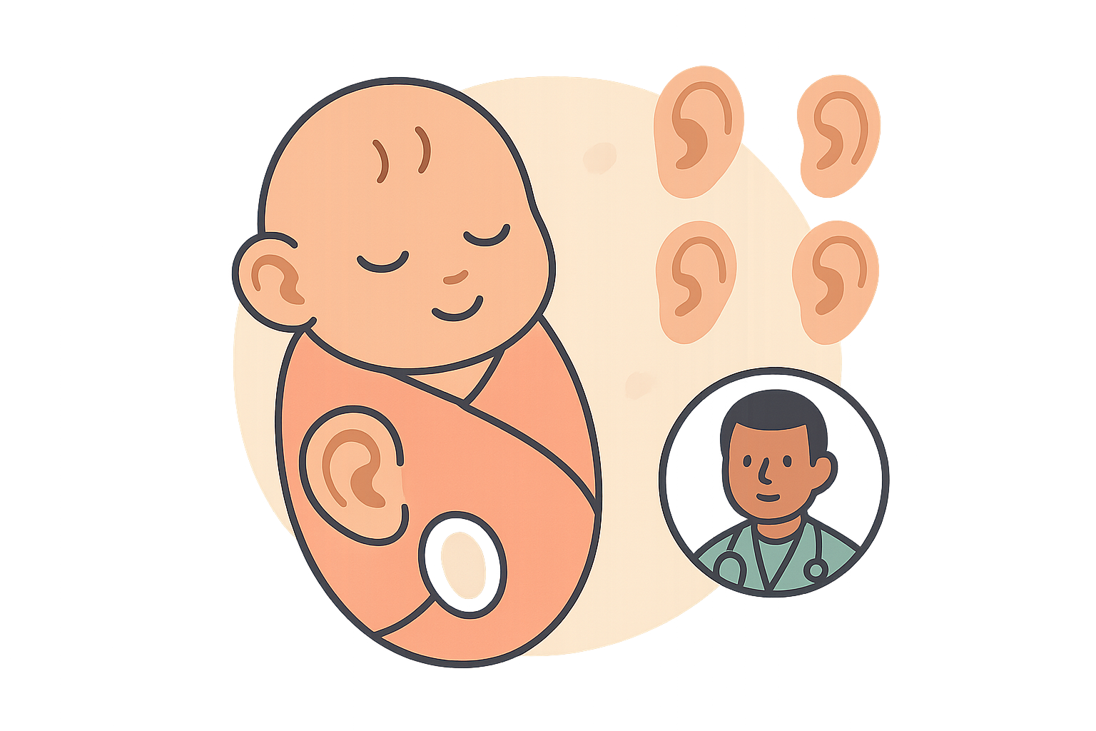 Illustration of a swaddled baby with extra ears and a doctor icon, representing newborn ear deformities and highlighting a medical condition involving extra ears.