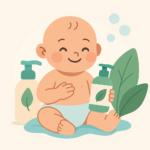 Illustration of a smiling baby sitting with two bottles of best natural baby wash, one in each hand, next to two large green leaves.