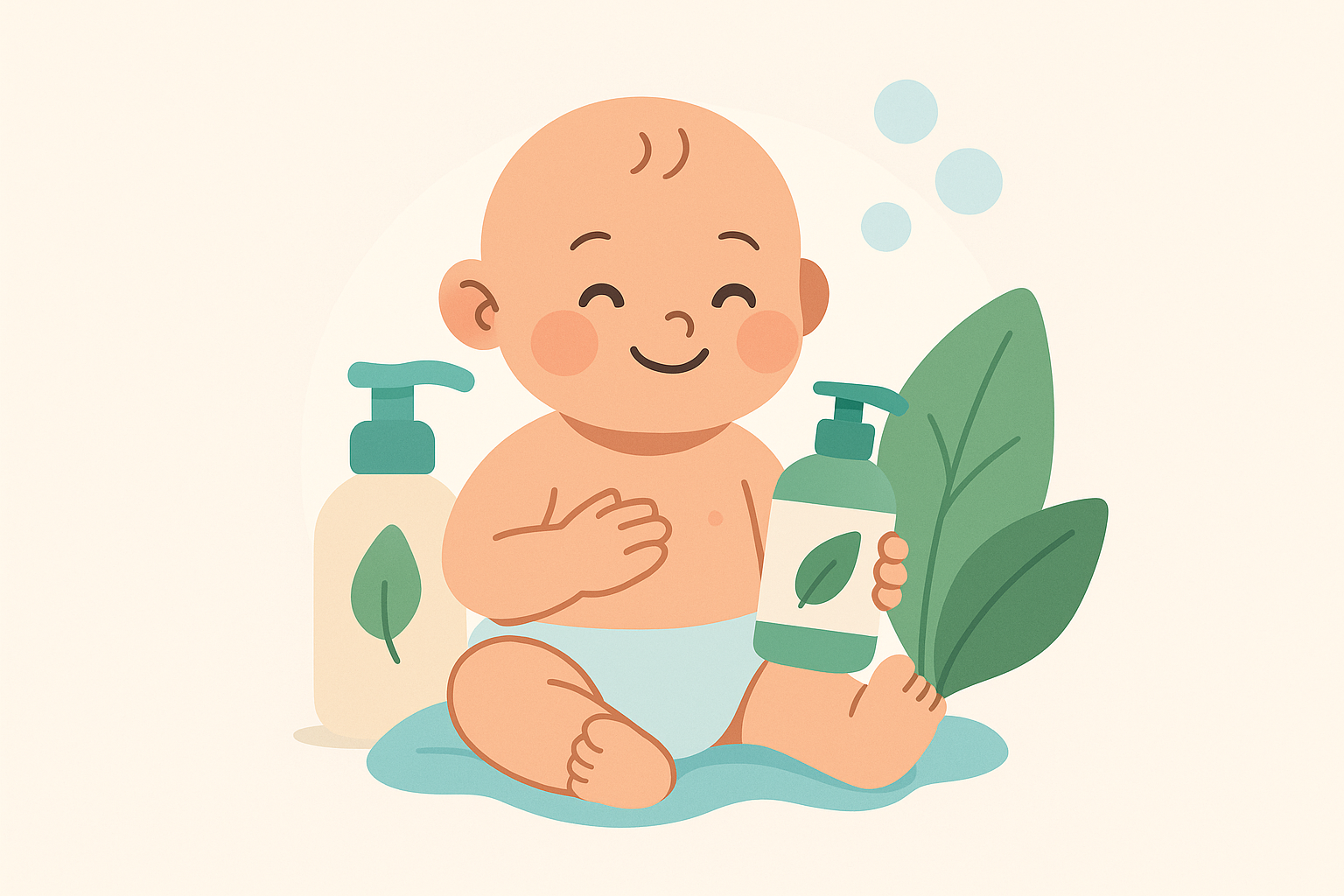 Illustration of a smiling baby sitting with two bottles of best natural baby wash, one in each hand, next to two large green leaves.