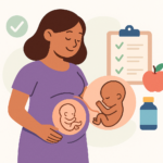 Illustration of a pregnant woman with a fetus and embryo diagram, checklist, apple, and medicine bottle, highlighting prenatal health, nutrition, and common 16 weeks pregnant symptoms.