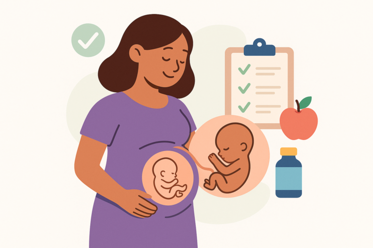 Illustration of a pregnant woman with a fetus and embryo diagram, checklist, apple, and medicine bottle, highlighting prenatal health, nutrition, and common 16 weeks pregnant symptoms.