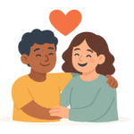Illustration of two smiling people with arms around each other, one with dark skin and short hair, the other with light skin and long hair, a heart above them—perfect for celebrating National Best Friends Day ideas.
