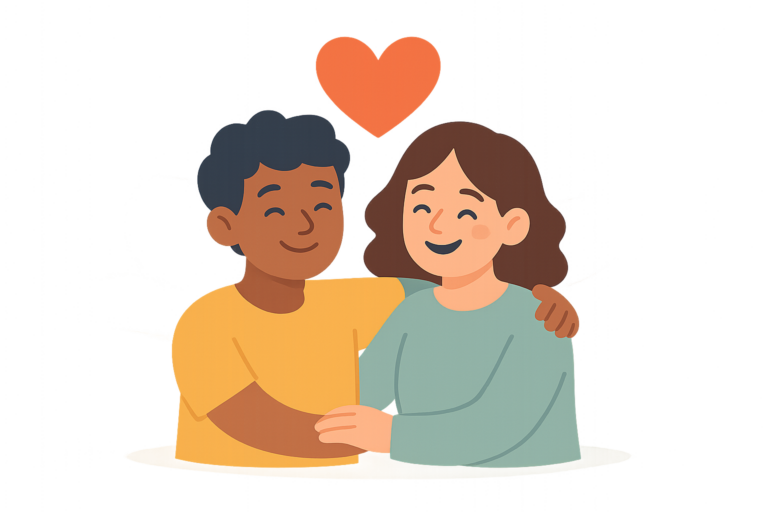 Illustration of two smiling people with arms around each other, one with dark skin and short hair, the other with light skin and long hair, a heart above them—perfect for celebrating National Best Friends Day ideas.