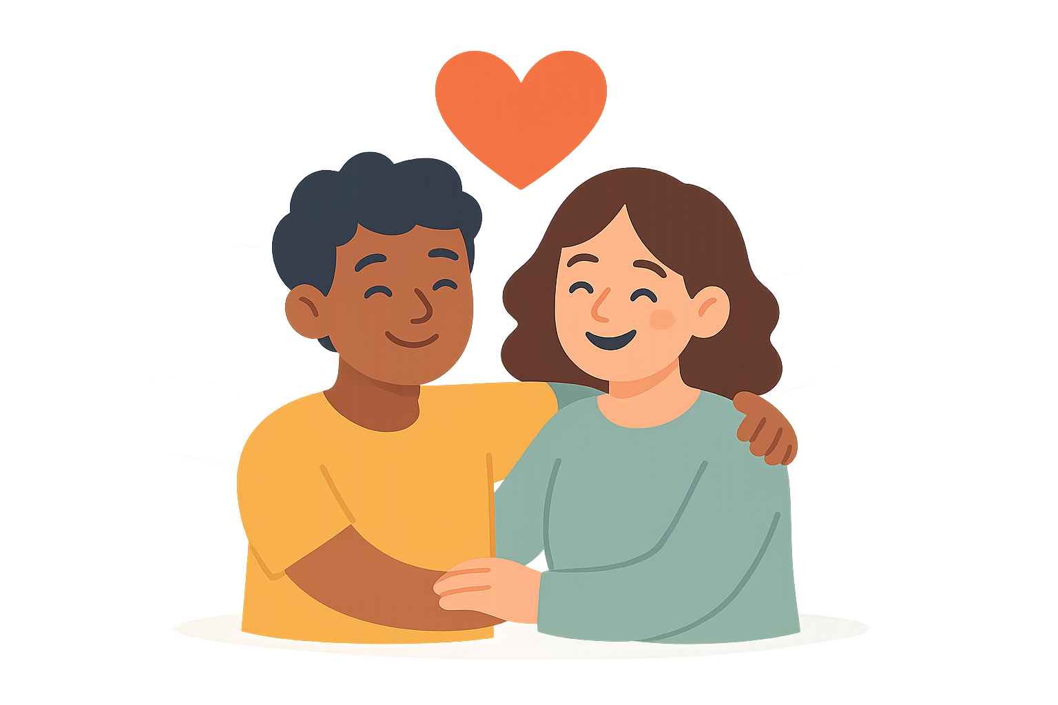 Illustration of two smiling people with arms around each other, one with dark skin and short hair, the other with light skin and long hair, a heart above them—perfect for celebrating National Best Friends Day ideas.
