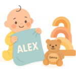 Illustration of a baby holding a blanket labeled "Alex," next to a teddy bear labeled "Emma" and colorful stacking arches—one of the best personalized baby gifts for little ones.