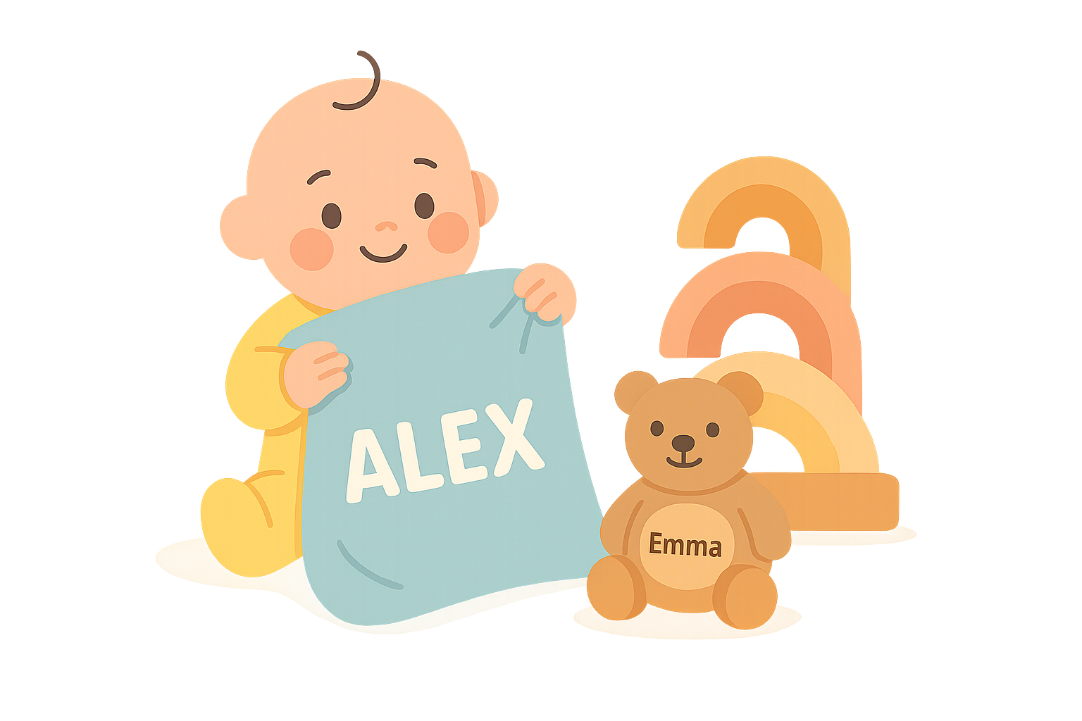 Illustration of a baby holding a blanket labeled "Alex," next to a teddy bear labeled "Emma" and colorful stacking arches—one of the best personalized baby gifts for little ones.
