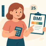 Illustration of a woman holding a calculator and pointing to a clipboard displaying a bmi calculation for women chart, with the number 25 and a ruler shown beside her.