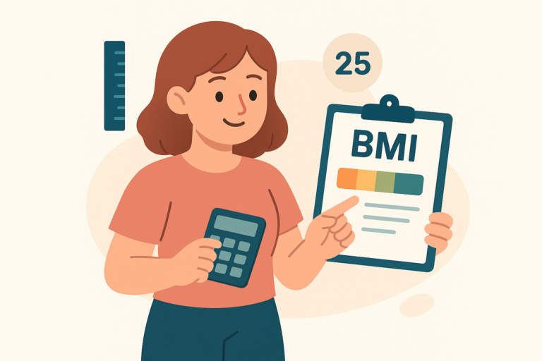 Illustration of a woman holding a calculator and pointing to a clipboard displaying a bmi calculation for women chart, with the number 25 and a ruler shown beside her.