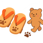 Illustration of a smiling bear walking beside a pair of ashiato wooden sandals with red straps and paw prints, just like those featured in an ashiato wooden sandals review, and a matching paw print on the ground.