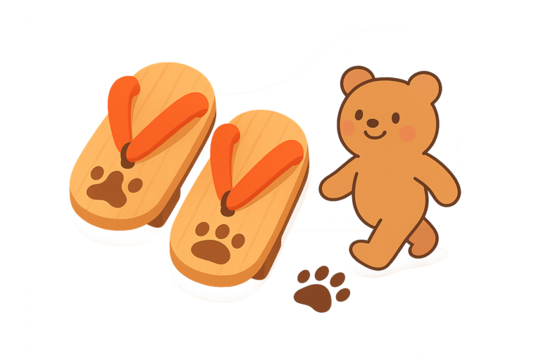 Illustration of a smiling bear walking beside a pair of ashiato wooden sandals with red straps and paw prints, just like those featured in an ashiato wooden sandals review, and a matching paw print on the ground.