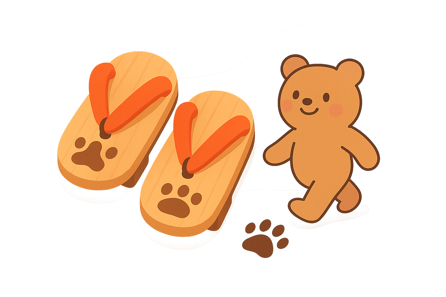 Illustration of a smiling bear walking beside a pair of ashiato wooden sandals with red straps and paw prints, just like those featured in an ashiato wooden sandals review, and a matching paw print on the ground.