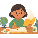 A child sits at a desk writing in a notebook, holding an open book, with a globe, crayons, and a plant drawing nearby—an ideal scene for non-toxic homeschool activities.