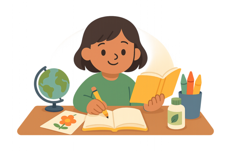 A child sits at a desk writing in a notebook, holding an open book, with a globe, crayons, and a plant drawing nearby—an ideal scene for non-toxic homeschool activities.