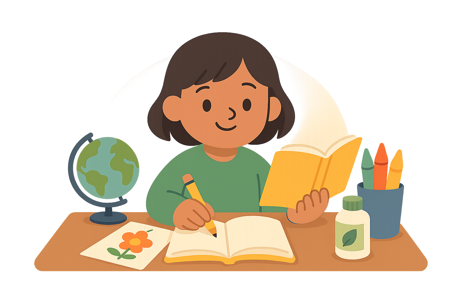 A child sits at a desk writing in a notebook, holding an open book, with a globe, crayons, and a plant drawing nearby—an ideal scene for non-toxic homeschool activities.